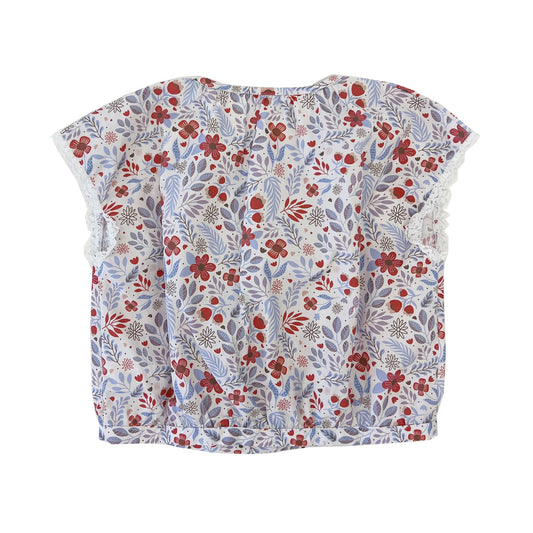 Girls SS floral Print Top with Lace Detail