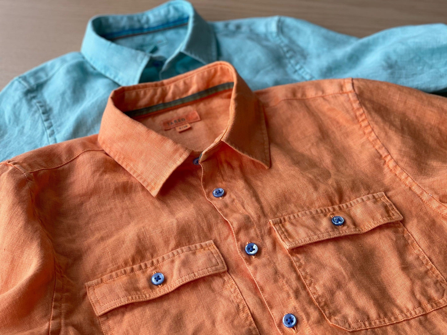 L/S Regular Fit Double Chest Pocket Garment Dye Linen Shirt / Orange / 11 - 12