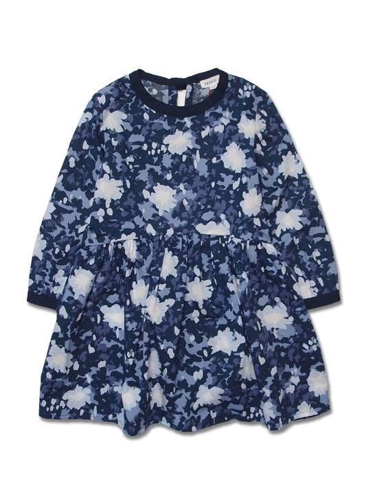 Girl's LS Floral Print Dress with Contrast Neck Trim