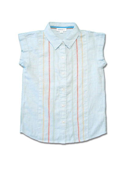 Girl SS Blouse - Solid Linen with Contrast Stitches at front