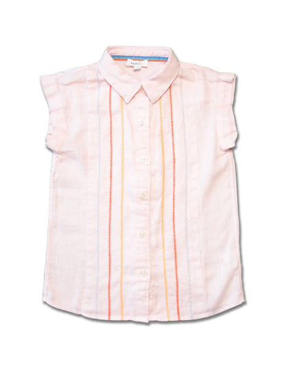 Girl SS Blouse - Solid Linen with Contrast Stitches at front