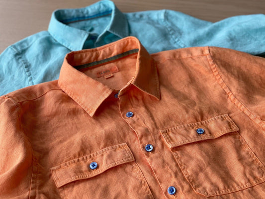 L/S Regular Fit Double Chest Pocket Garment Dye Linen Shirt / Orange / 11 - 12