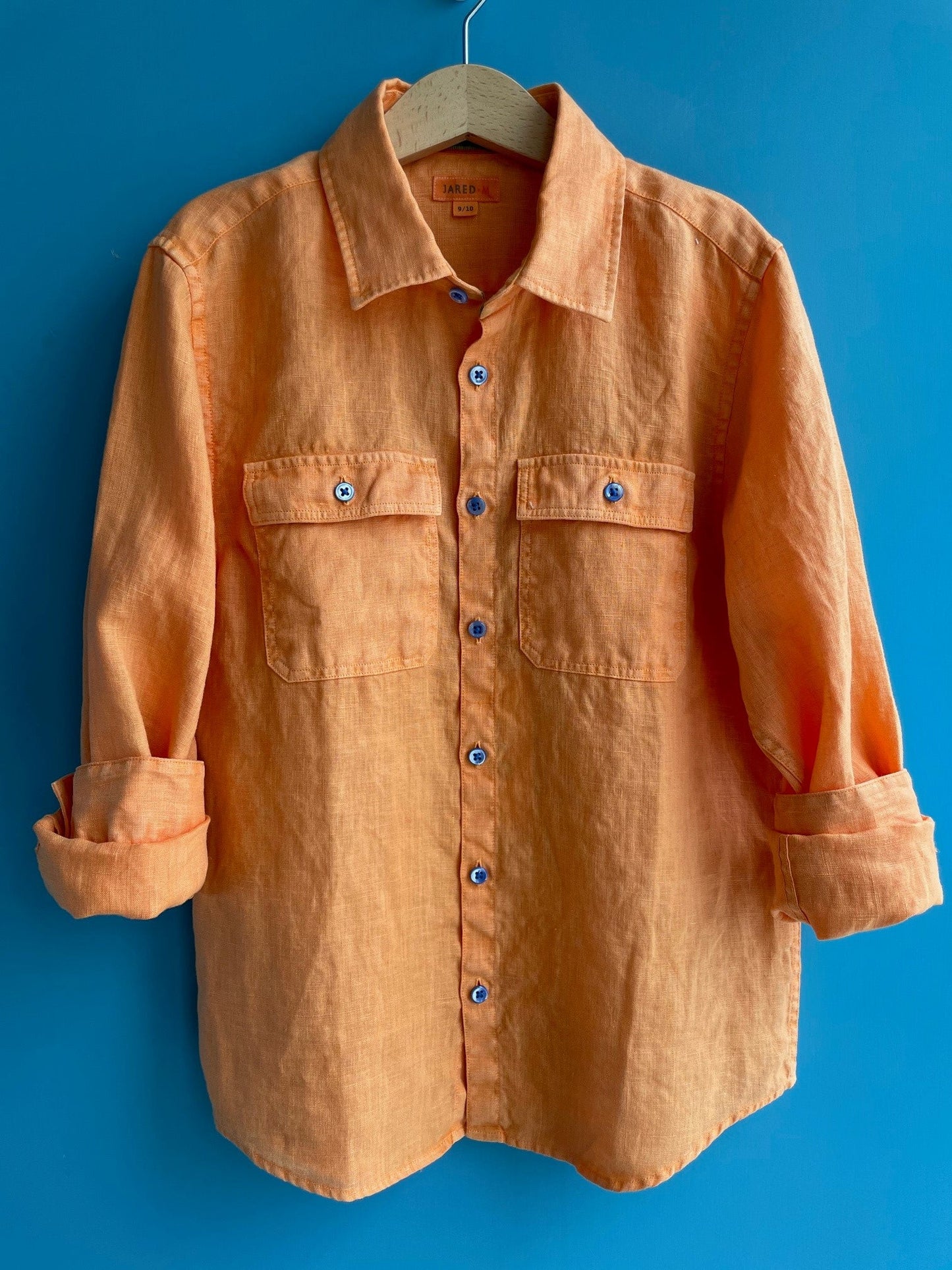 L/S Regular Fit Double Chest Pocket Garment Dye Linen Shirt / Orange / 11 - 12