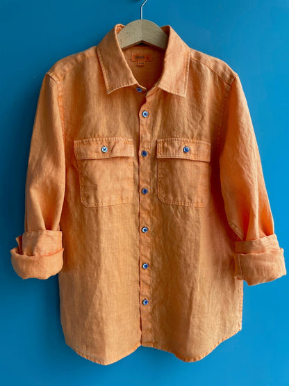 L/S Regular Fit Double Chest Pocket Garment Dye Linen Shirt / Orange / 11 - 12