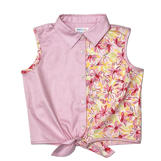Girl's mixed Floral print knot hem sleeveless shirt