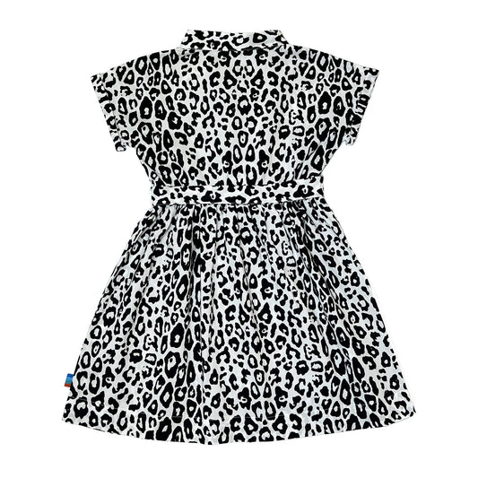 Girl's SS Woven Shirt Dress with Belt B/W Leopard