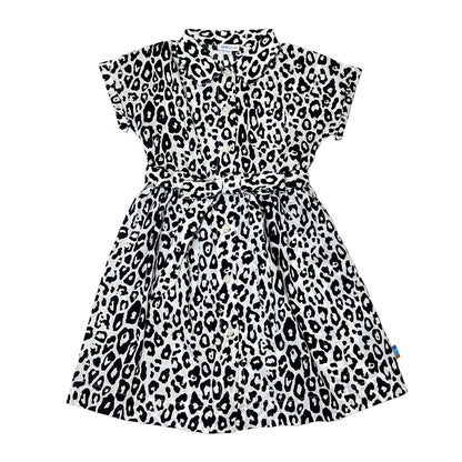 Girl's SS Woven Shirt Dress with Belt B/W Leopard