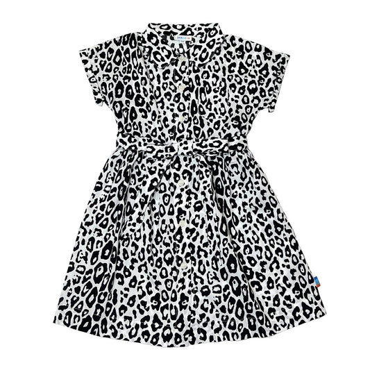 Girl's SS Woven Shirt Dress with Belt B/W Leopard